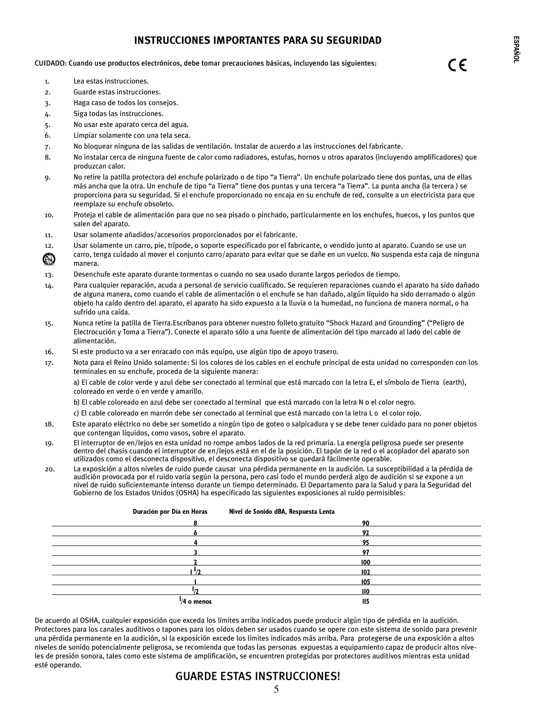 Peavey E110 manual Instrucciones Importantes Para SU Seguridad, Menos 