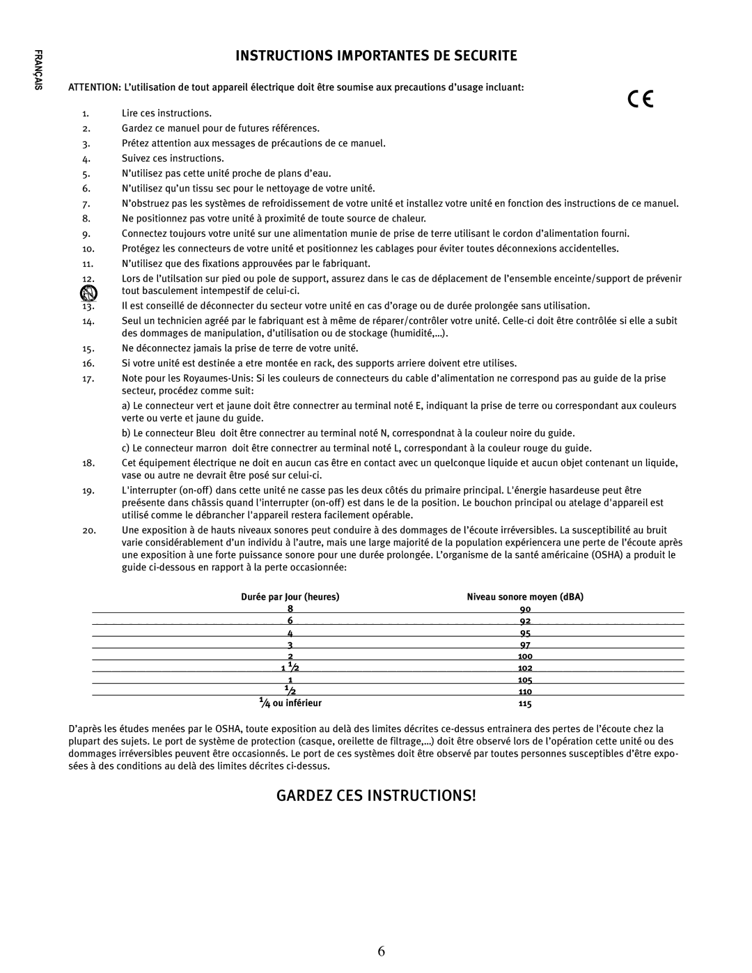 Peavey E110 manual Instructions Importantes DE Securite, Niveau sonore moyen dBA 