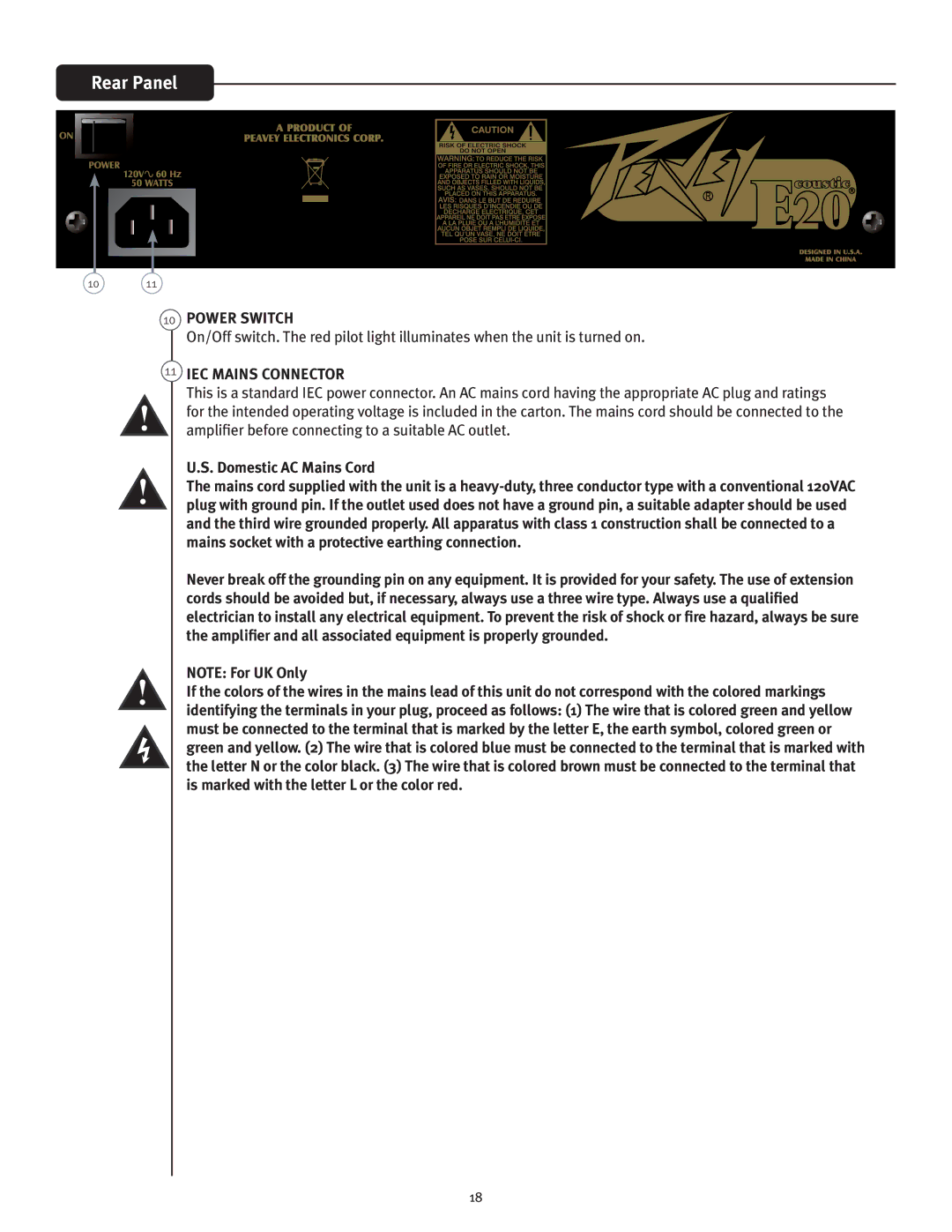 Peavey E20 manual Rear Panel, IEC Mains Connector 