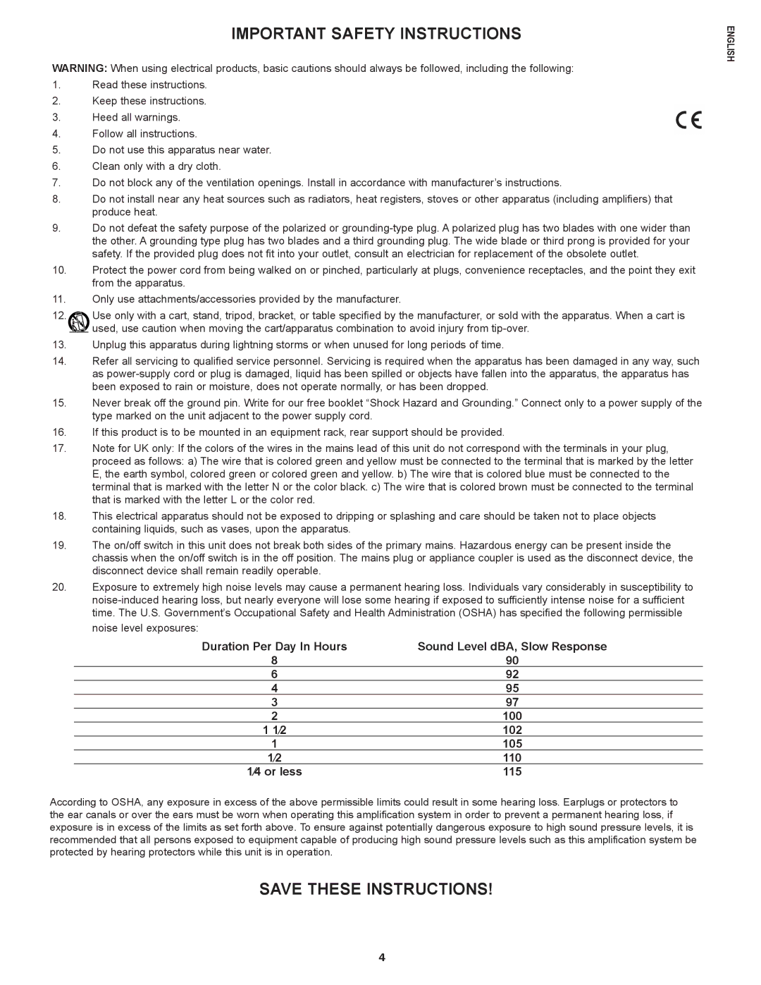 Peavey E20 manual Important Safety Instructions, ⁄4 or less 