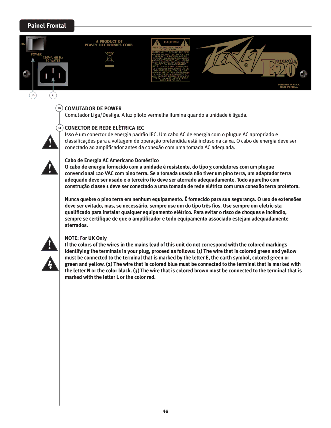 Peavey E20 manual Comutador DE Power, Conector DE Rede Elétrica IEC, Cabo de Energia AC Americano Doméstico 