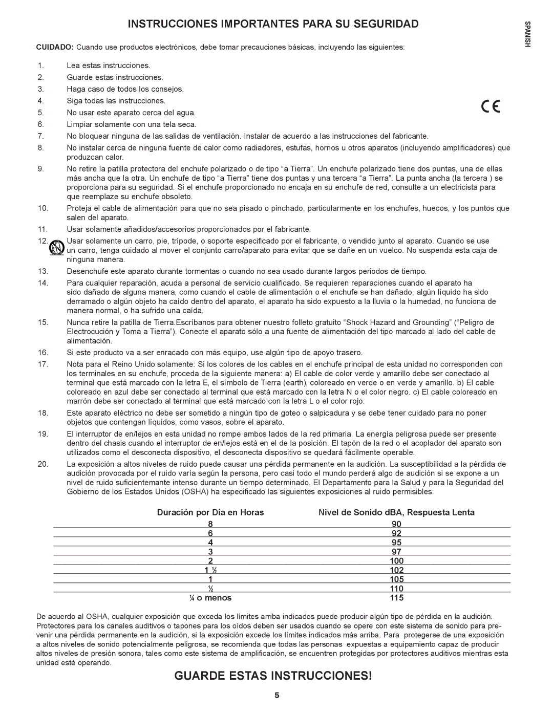 Peavey E20 manual Guarde Estas Instrucciones, Instrucciones Importantes Para SU Seguridad 