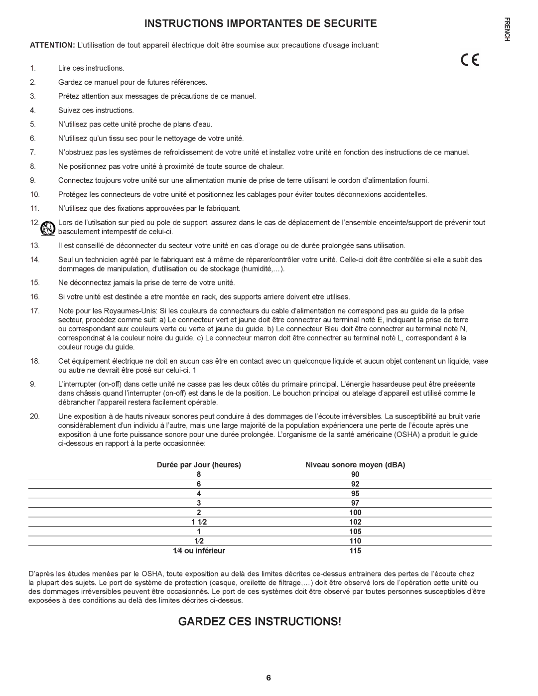 Peavey E20 manual Gardez CES Instructions, Instructions Importantes DE Securite 