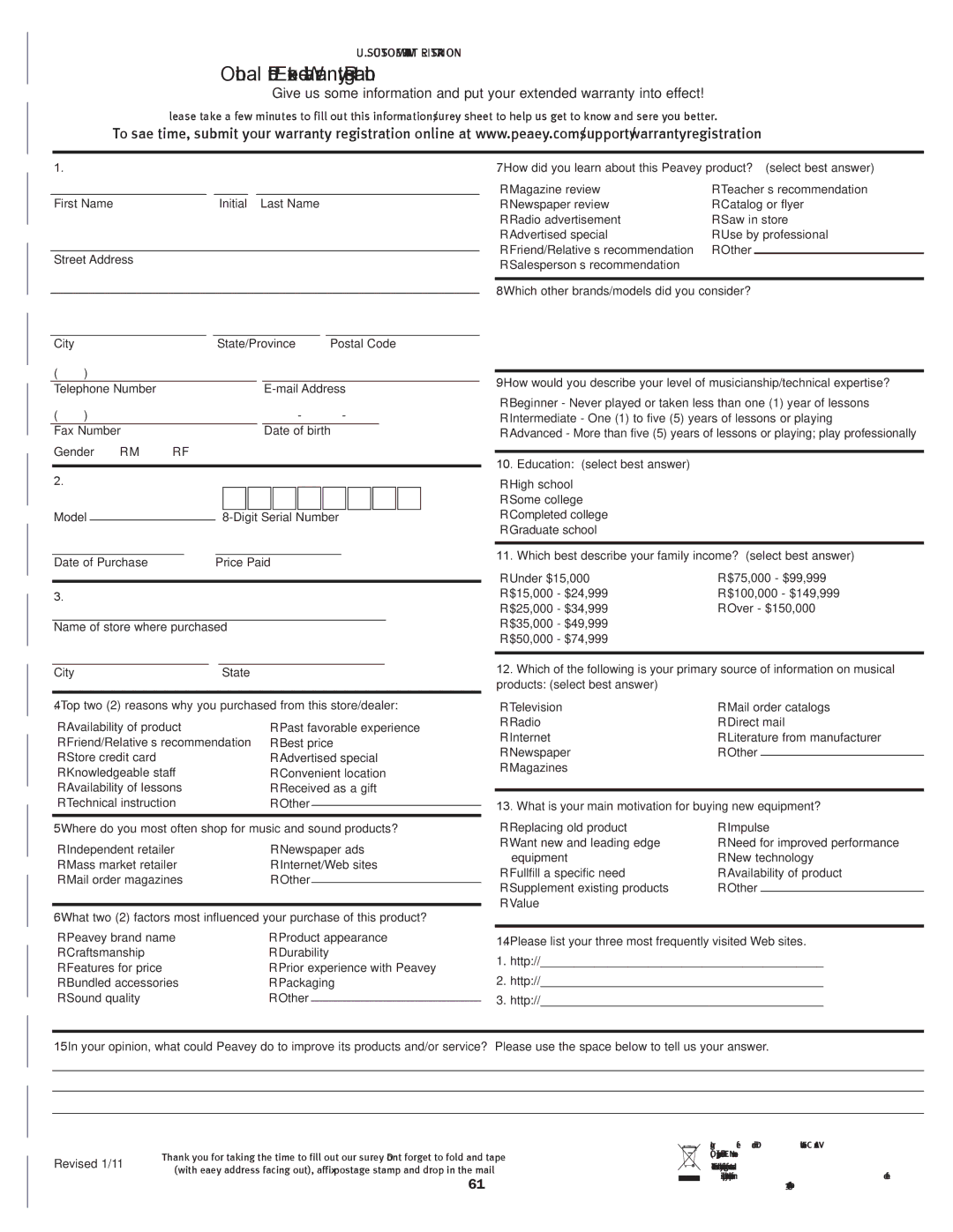 Peavey E20 manual Optional Product Extended Warranty Registration 