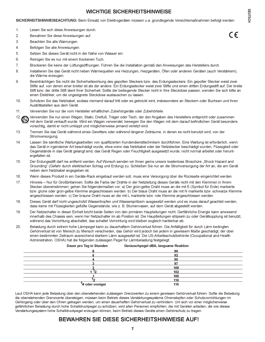 Peavey E20 manual Bewahren SIE Diese Sicherheitshinweise AUF, Wichtige Sicherheitshinweise 