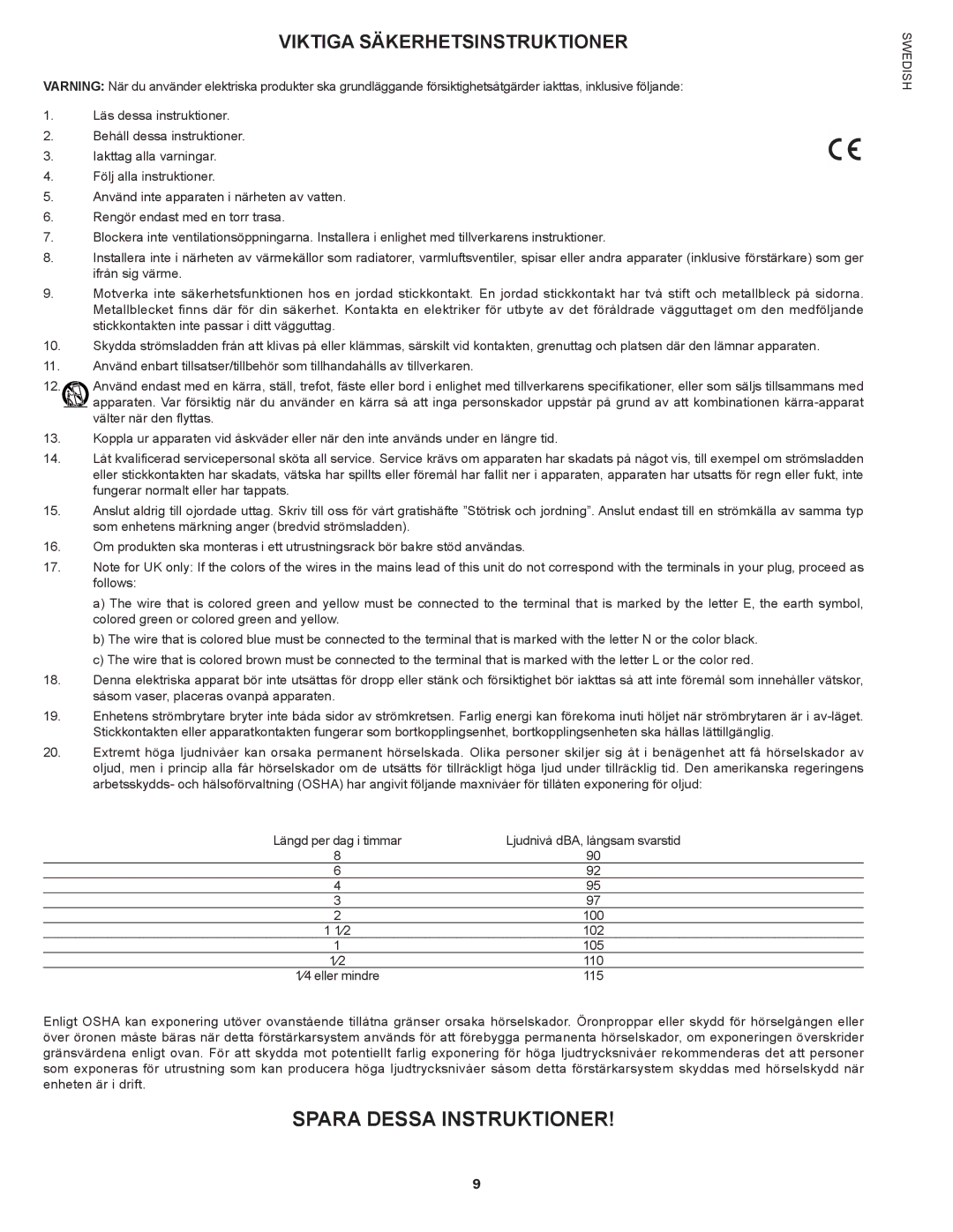 Peavey E20 manual Spara Dessa Instruktioner, Viktiga Säkerhetsinstruktioner 