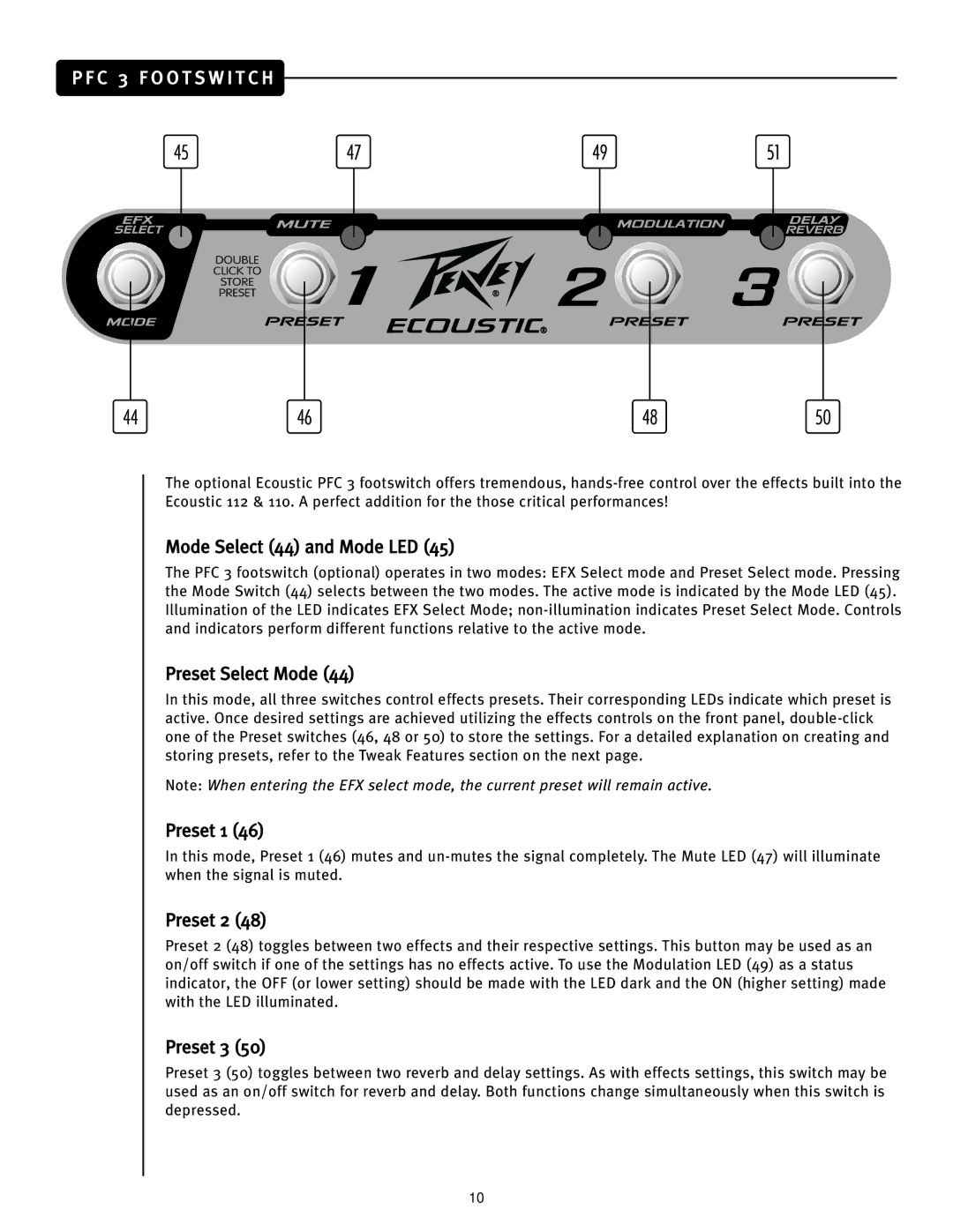 Peavey Ecoustic 110, Ecoustic 112 manual Mode Select 44 and Mode LED, Preset Select Mode, Preset 1, Preset 2, Preset 3 