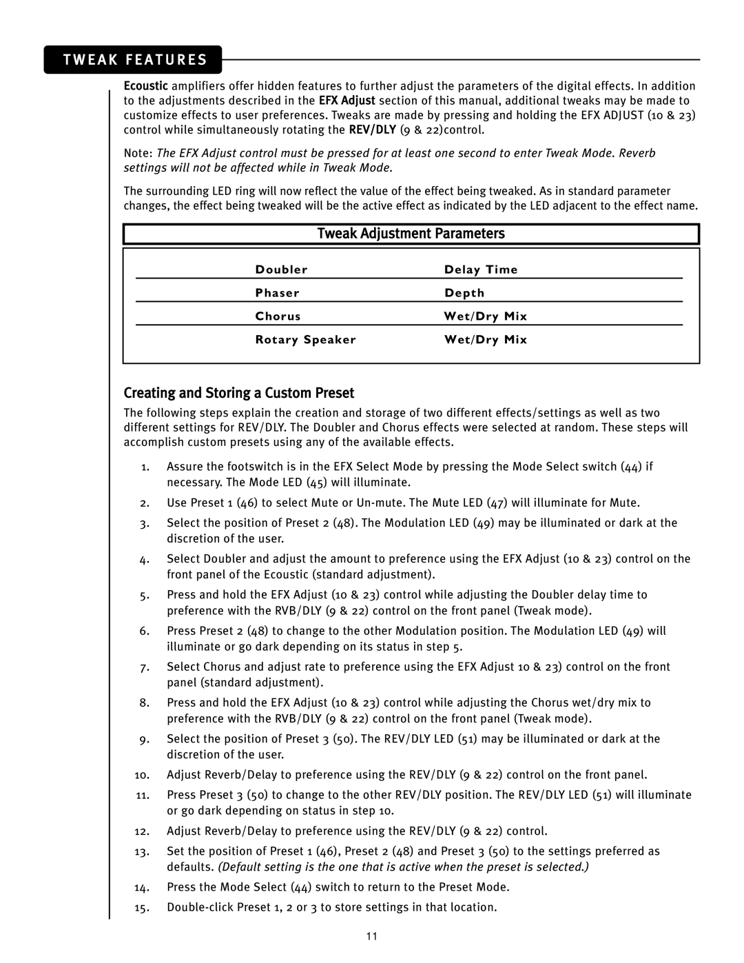 Peavey Ecoustic 112, Ecoustic 110 manual Tweak Adjustment Parameters, Creating and Storing a Custom Preset 