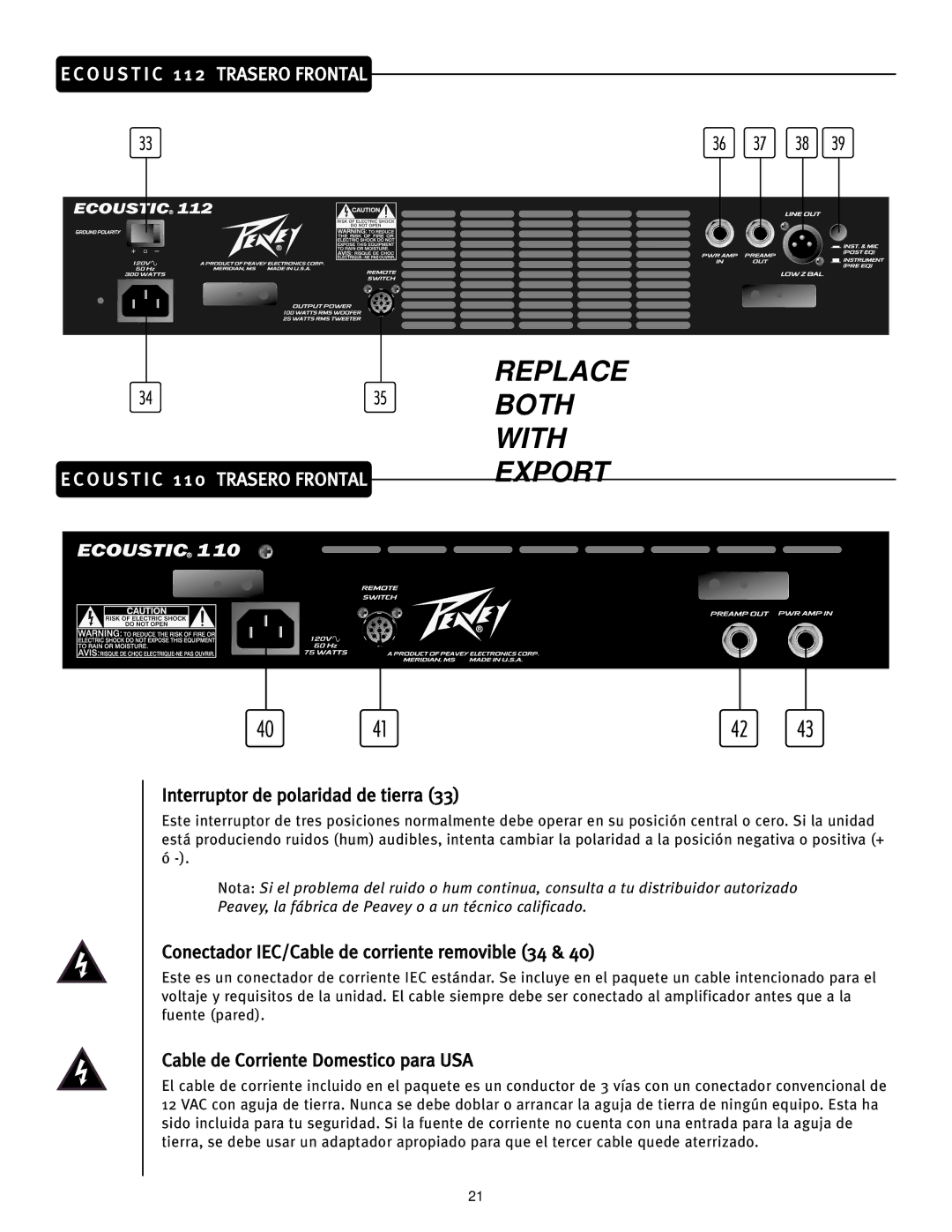 Peavey Ecoustic 112, Ecoustic 110 manual Interruptor de polaridad de tierra, Conectador IEC/Cable de corriente removible 34 