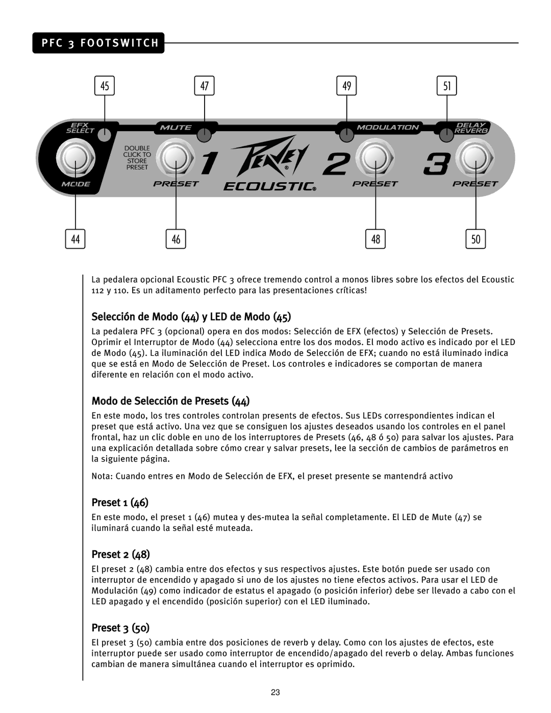 Peavey Ecoustic 112, Ecoustic 110 manual Selección de Modo 44 y LED de Modo, Modo de Selección de Presets 