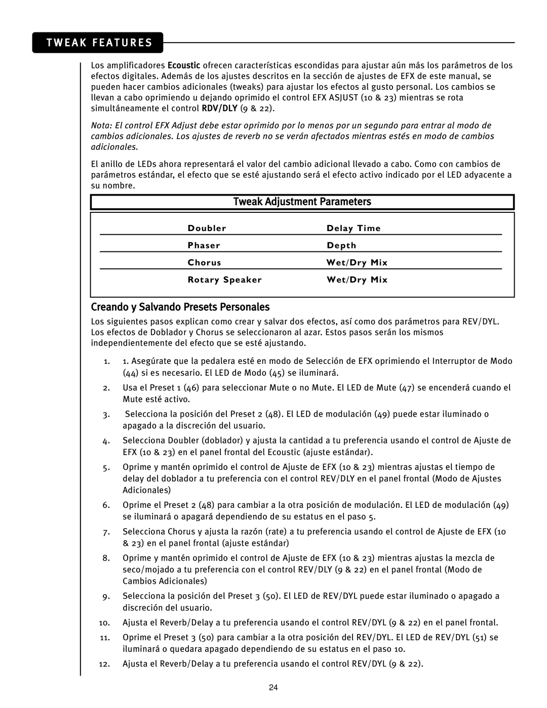 Peavey Ecoustic 110, Ecoustic 112 manual Tweak Adjustment Parameters, Creando y Salvando Presets Personales 