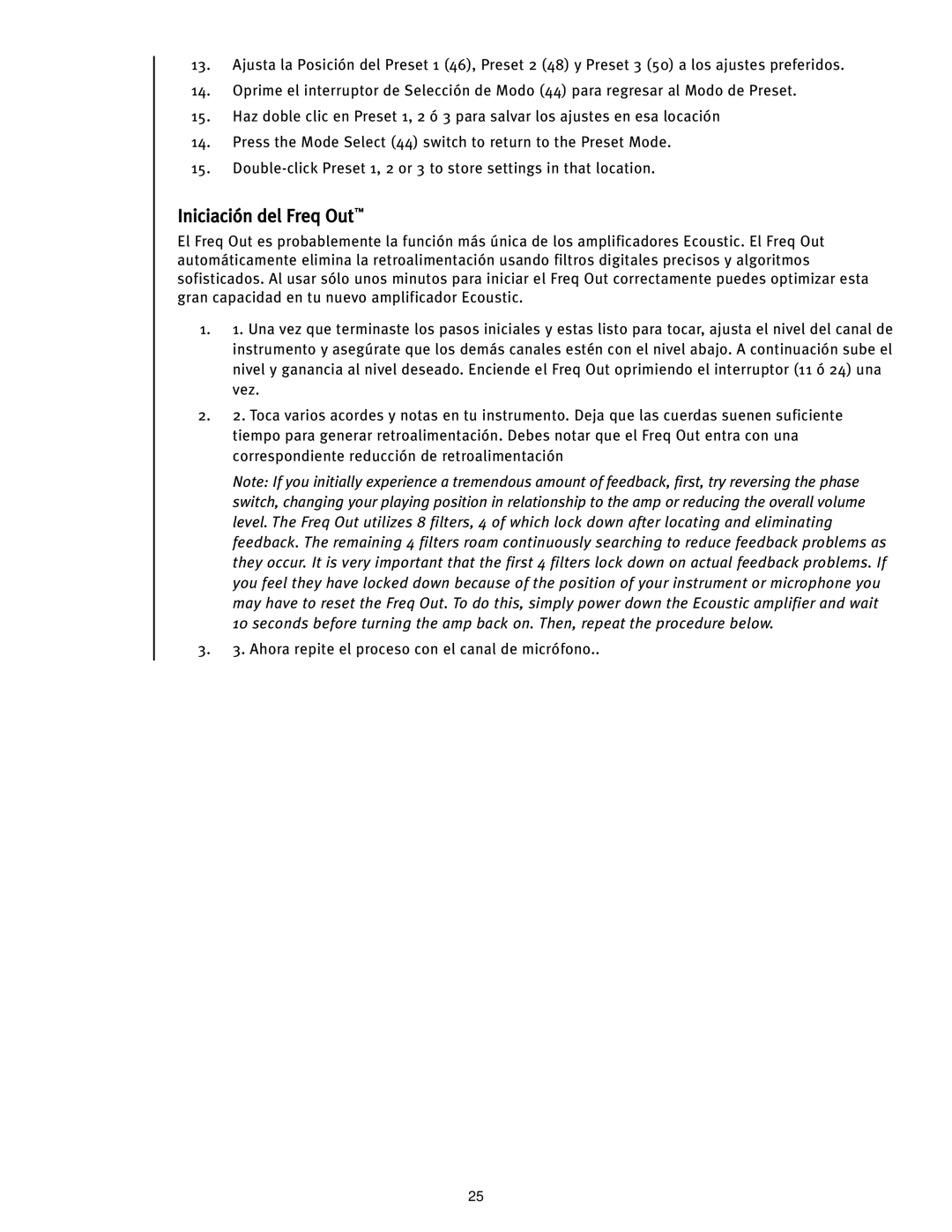 Peavey Ecoustic 112, Ecoustic 110 manual Iniciación del Freq Out 
