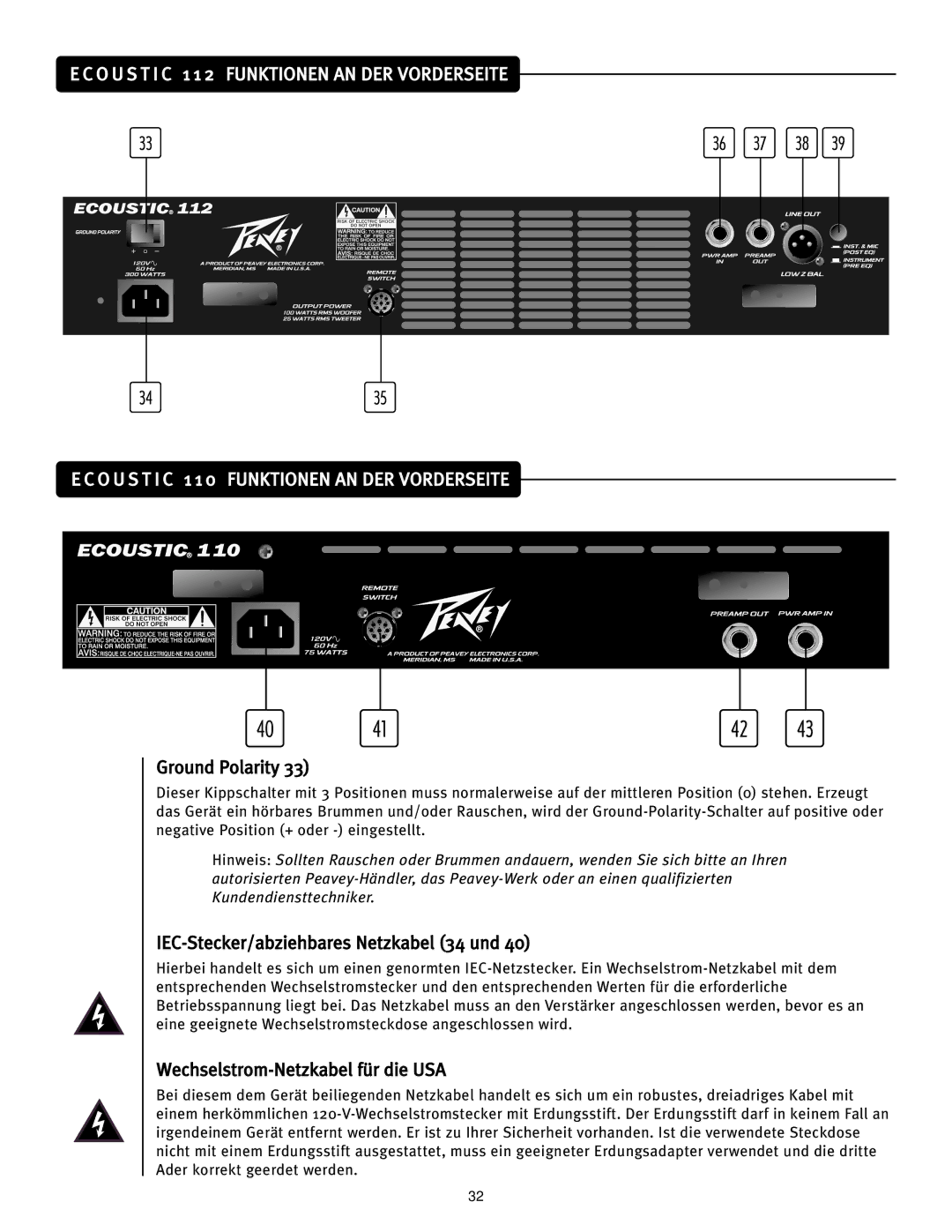 Peavey Ecoustic 110 manual Ground Polarity, IEC-Stecker/abziehbares Netzkabel 34 und, Wechselstrom-Netzkabel für die USA 