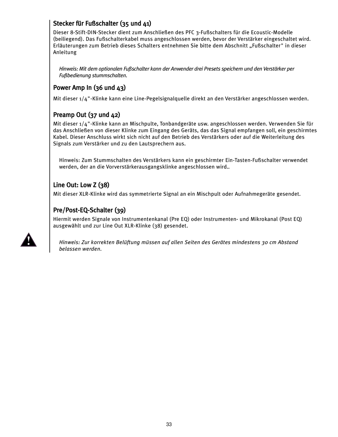 Peavey Ecoustic 112 manual Stecker für Fußschalter 35 und, Power Amp In 36 und, Preamp Out 37 und, Pre/Post-EQ-Schalter 