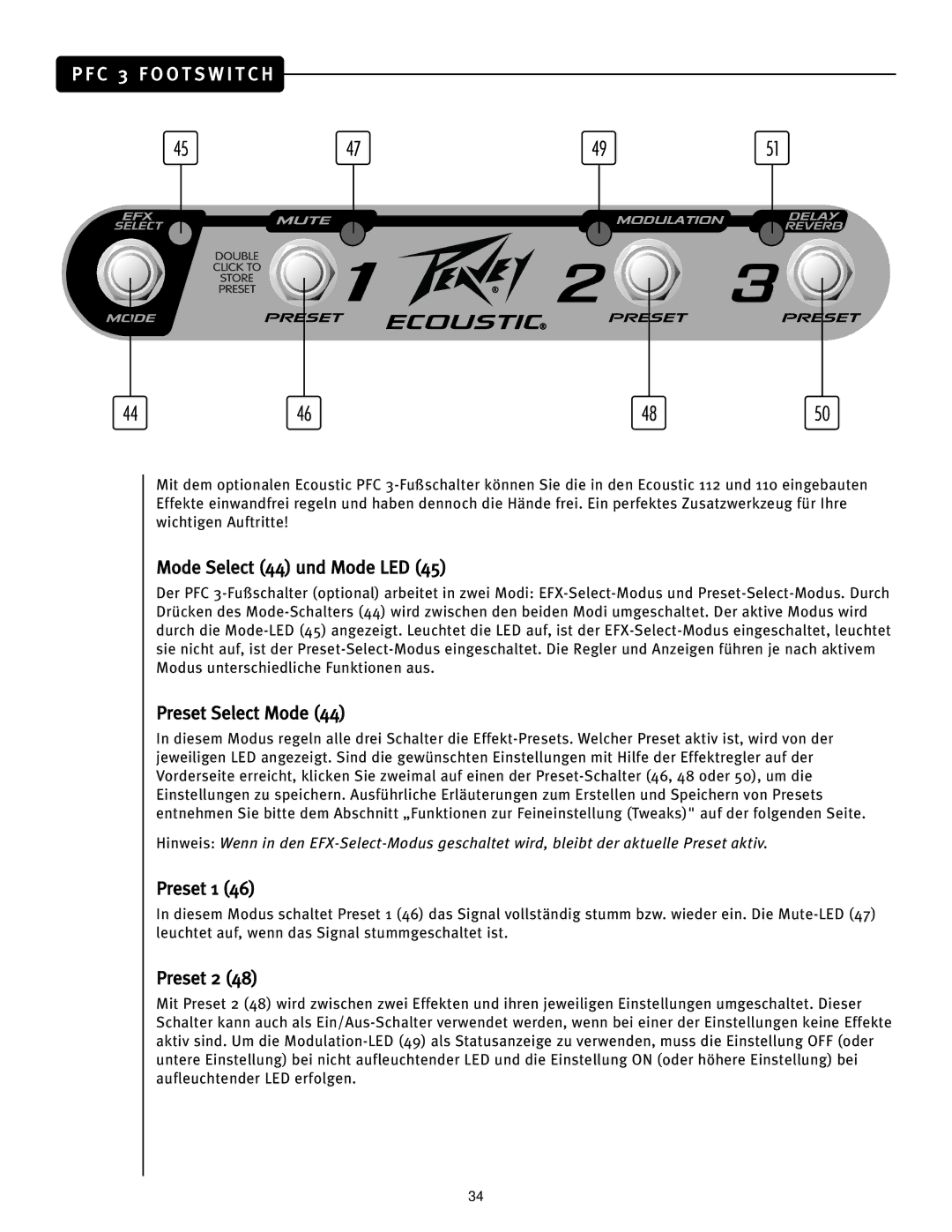 Peavey Ecoustic 110, Ecoustic 112 manual Mode Select 44 und Mode LED, Preset Select Mode 