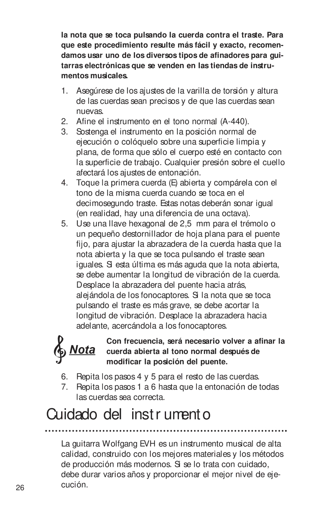 Peavey Electronics manual Cuidado del instrumento, Modificar la posición del puente 