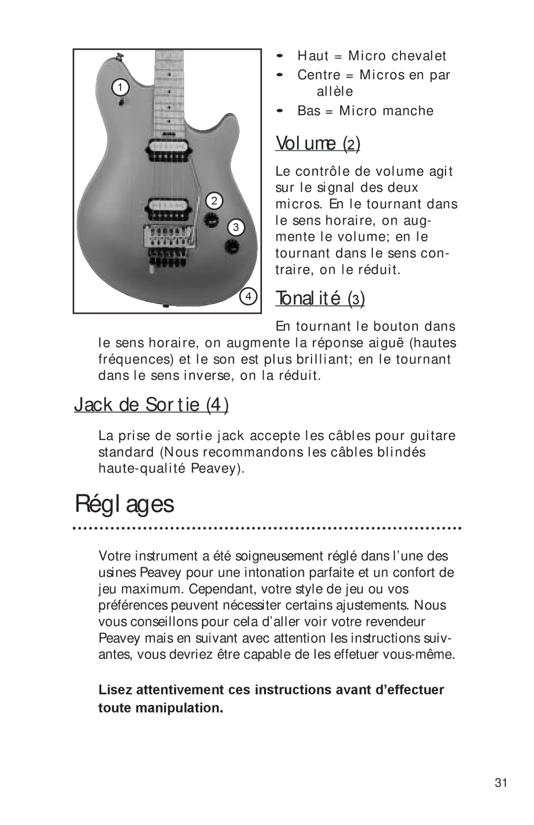 Peavey Electronics manual Réglages, Tonalité, Jack de Sortie 