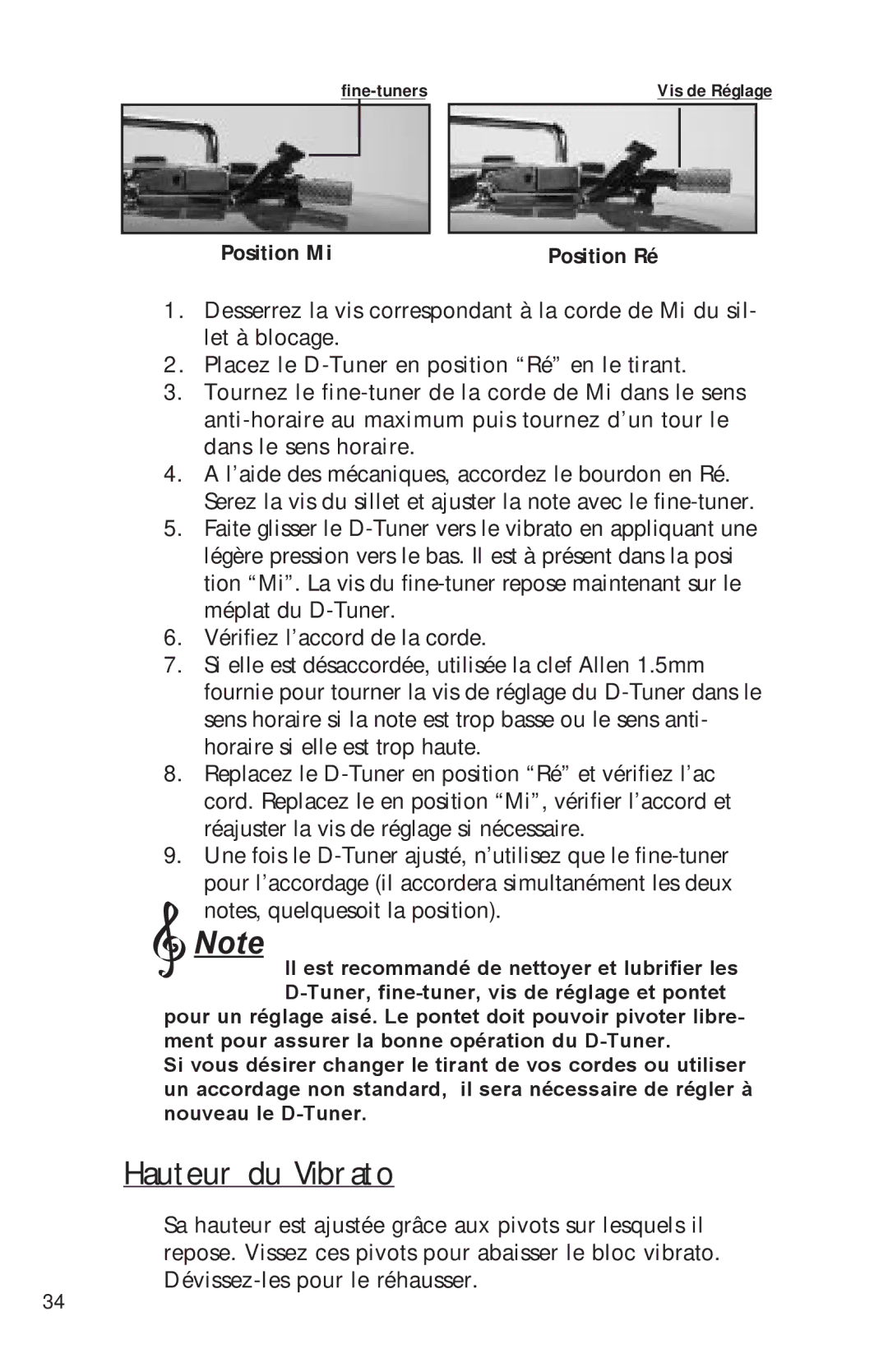 Peavey Electronics manual Hauteur du Vibrato, Position Mi Position Ré 