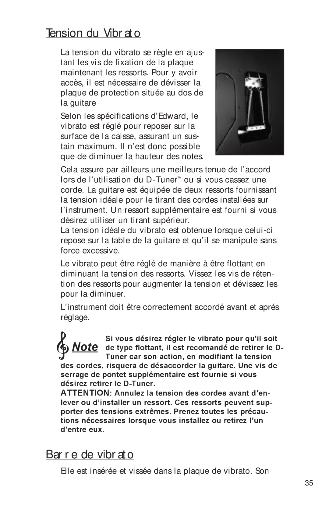 Peavey Electronics manual Tension du Vibrato, Barre de vibrato 