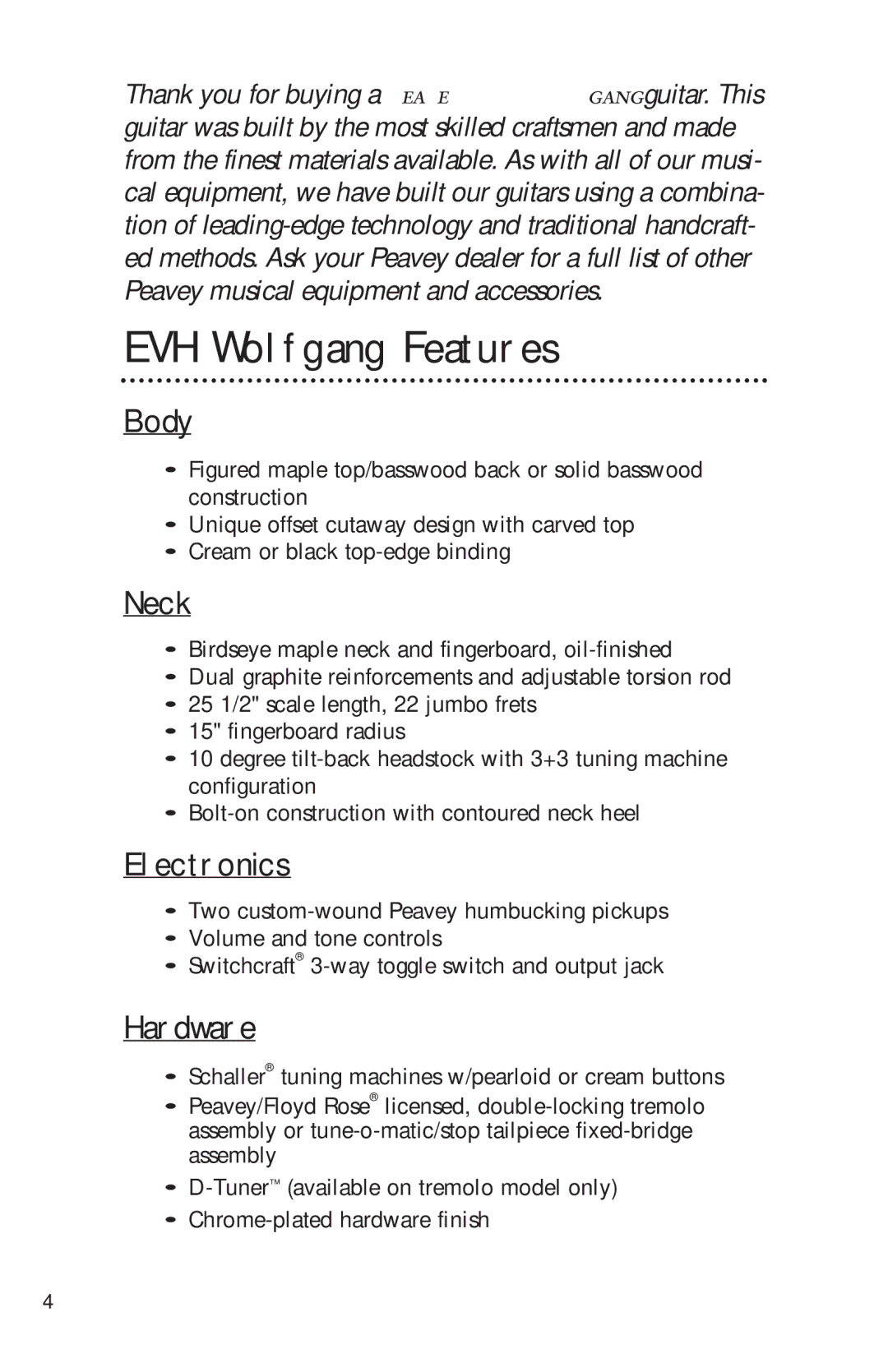 Peavey Electronics manual EVH Wolfgang Features, Body, Neck, Hardware 