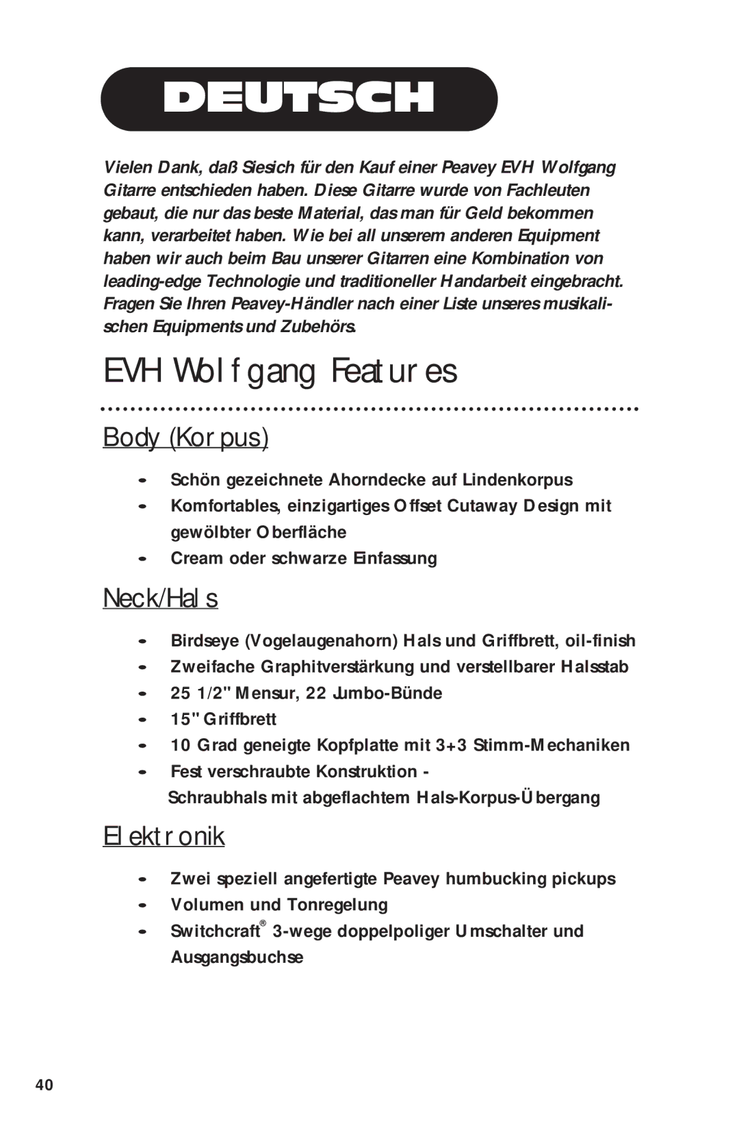 Peavey Electronics manual Body Korpus, Neck/Hals, Elektronik 