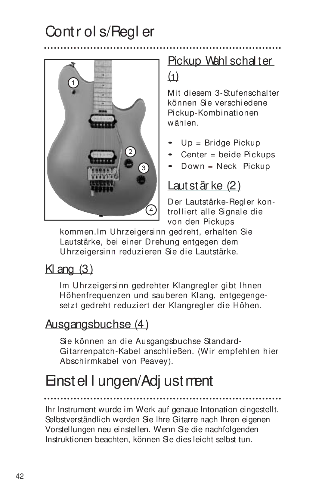 Peavey Electronics manual Controls/Regler, Einstellungen/Adjustment 