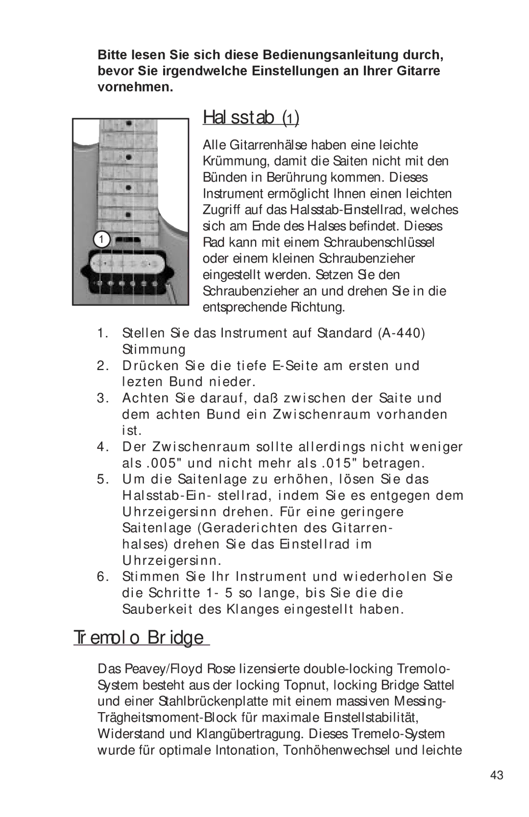 Peavey Electronics manual Halsstab, Tremolo Bridge 