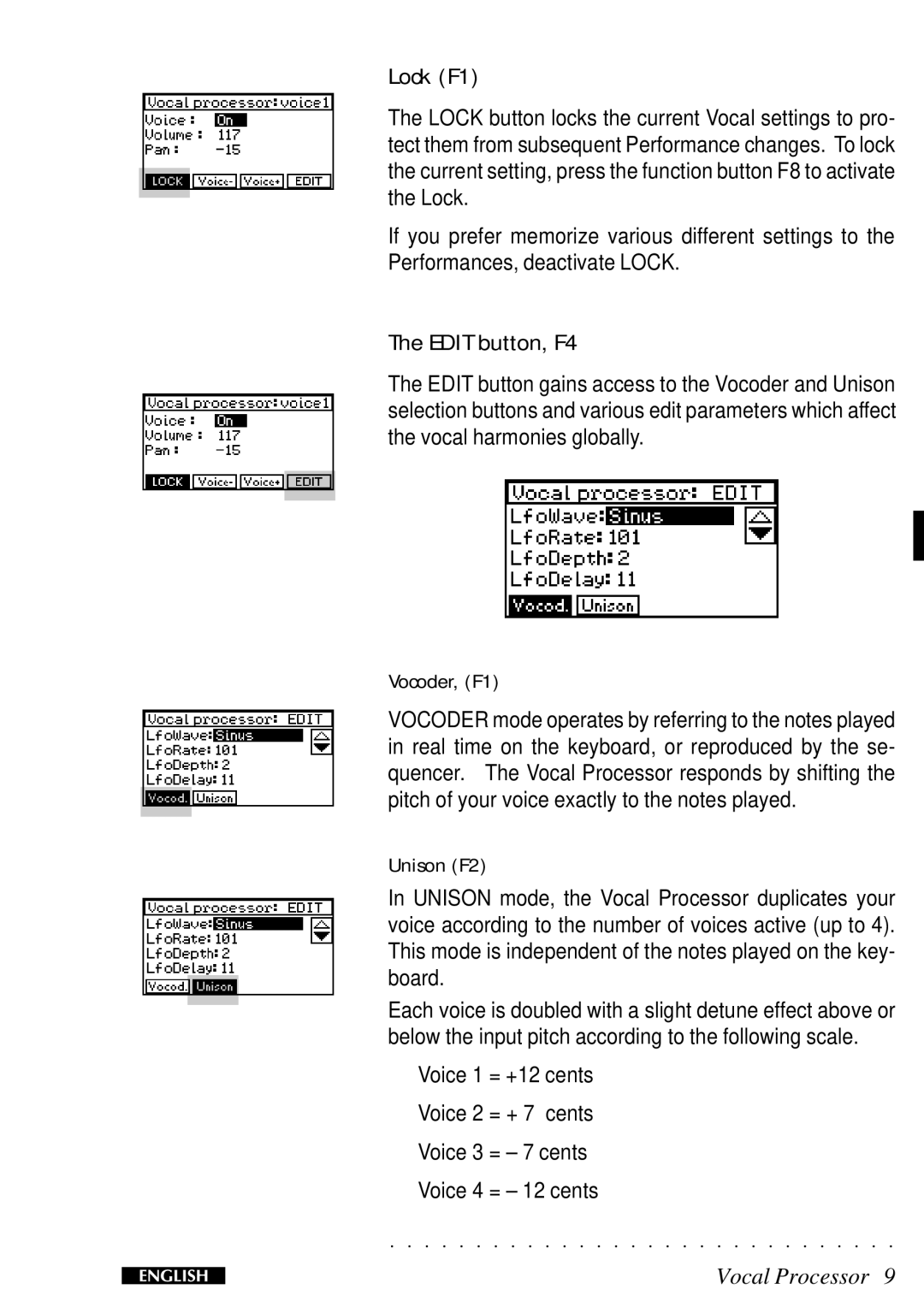 Peavey Equinox operating instructions Lock F1, Edit button, F4, Vocoder, F1, Unison F2 