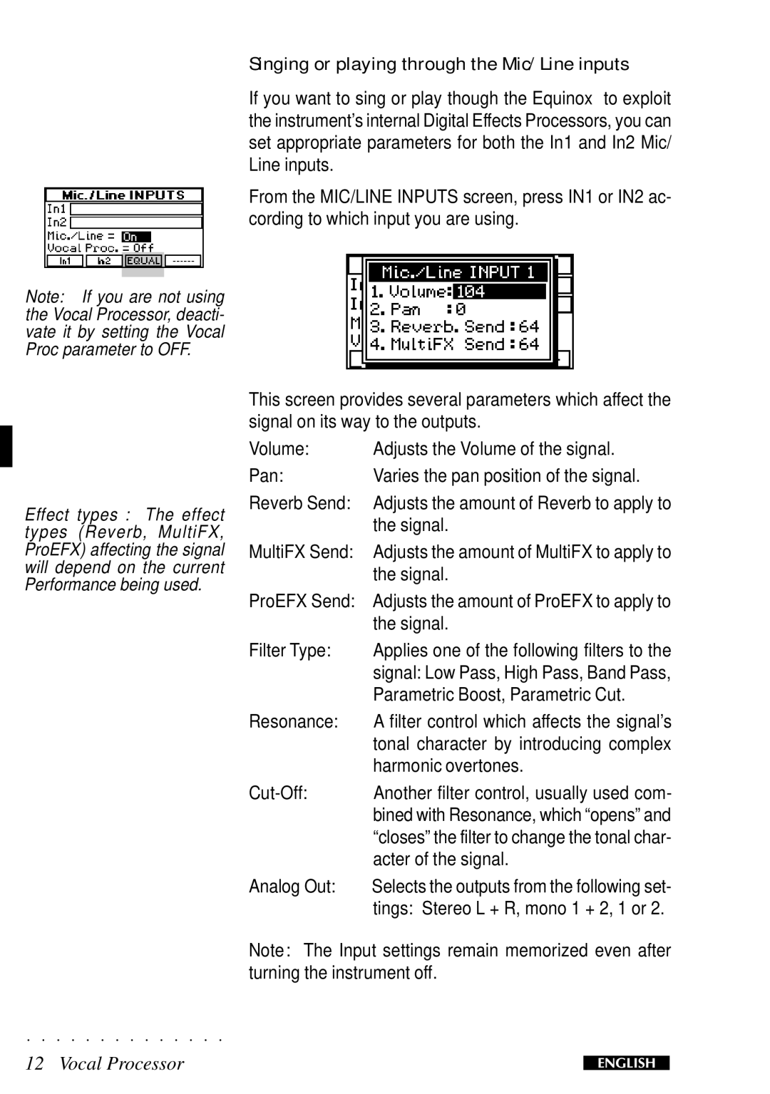 Peavey Equinox operating instructions Singing or playing through the Mic/Line inputs, Cut-Off 