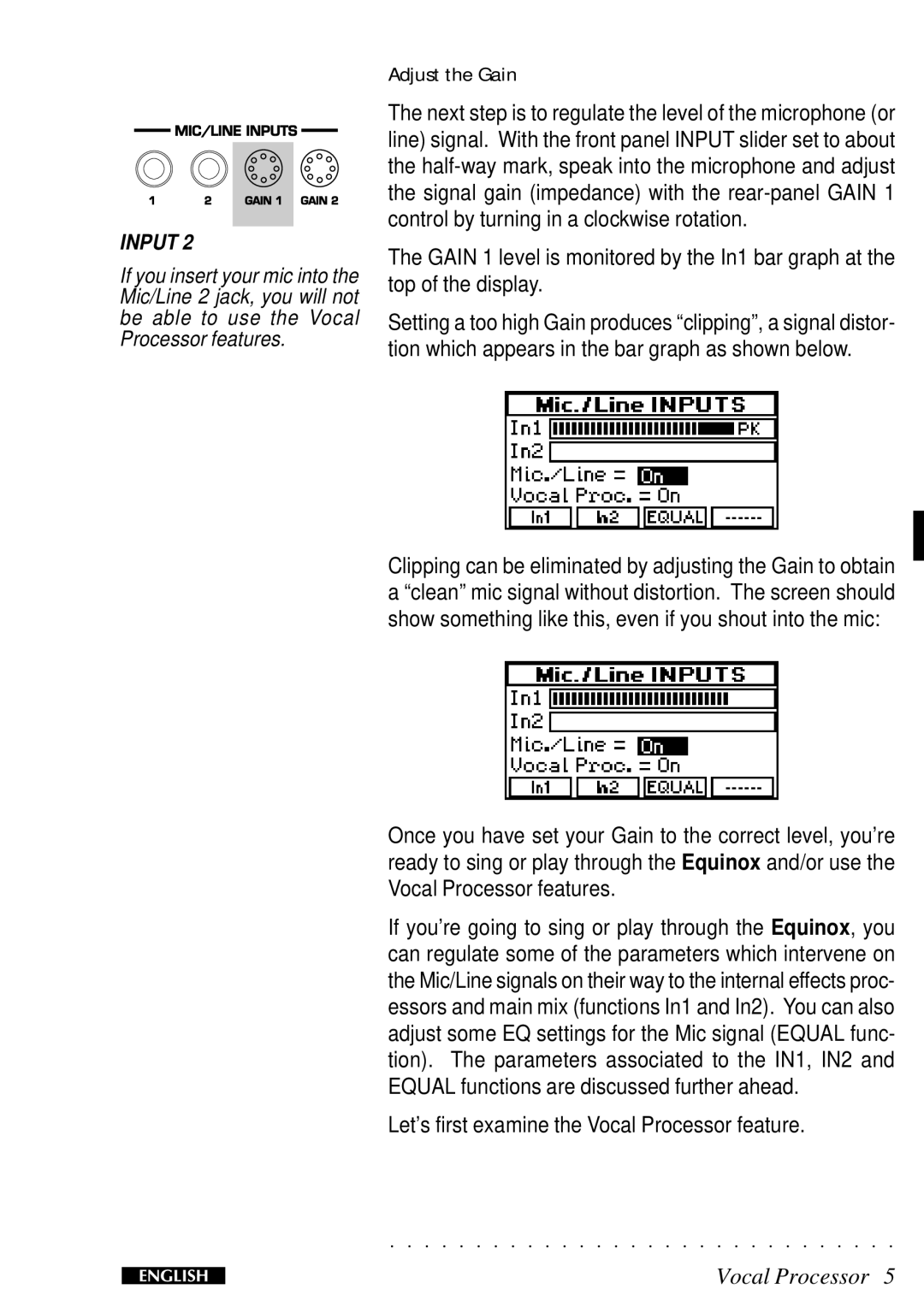 Peavey Equinox operating instructions Adjust the Gain, Input 