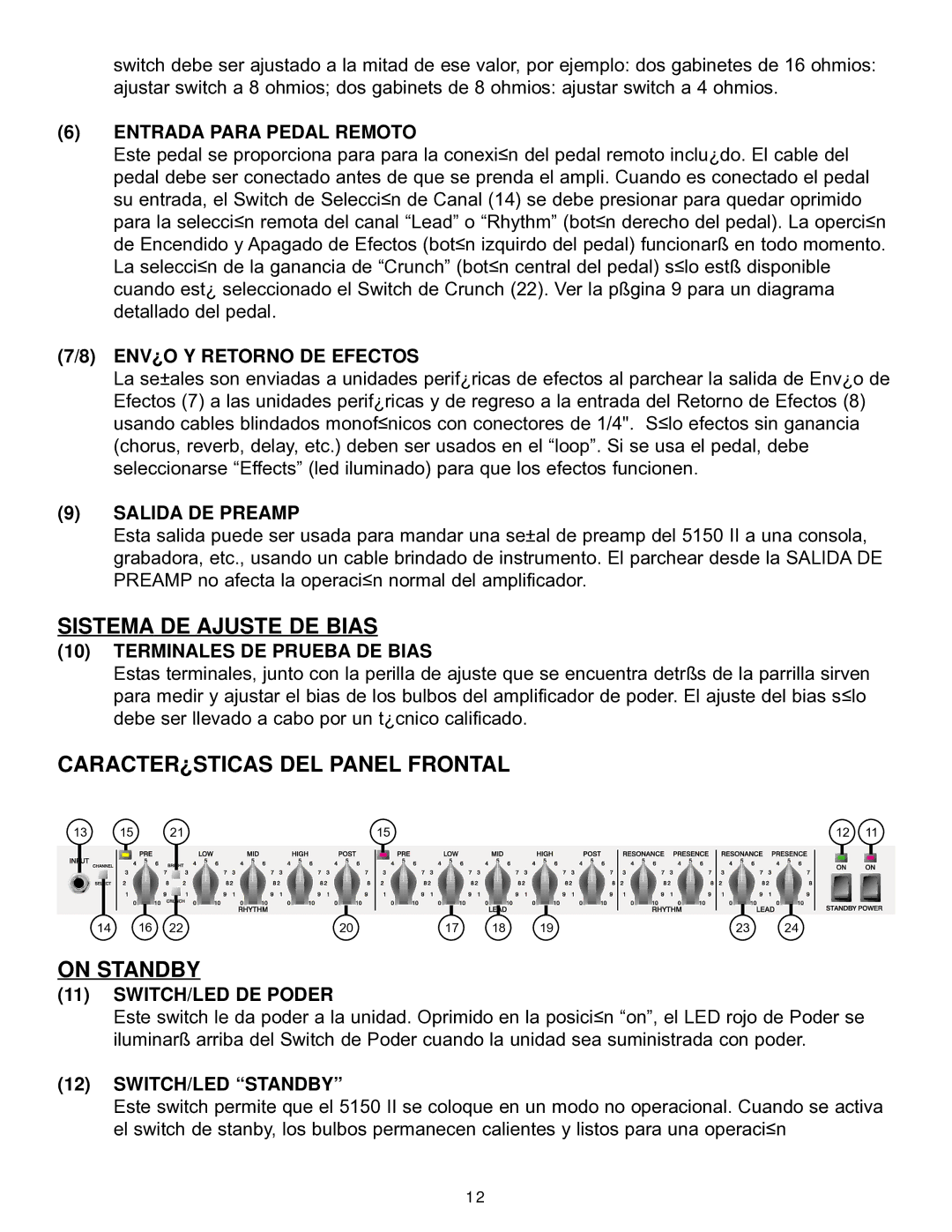 Peavey EVH 5150 II manual Sistema DE Ajuste DE Bias, CARACTER¿STICAS DEL Panel Frontal On Standby 