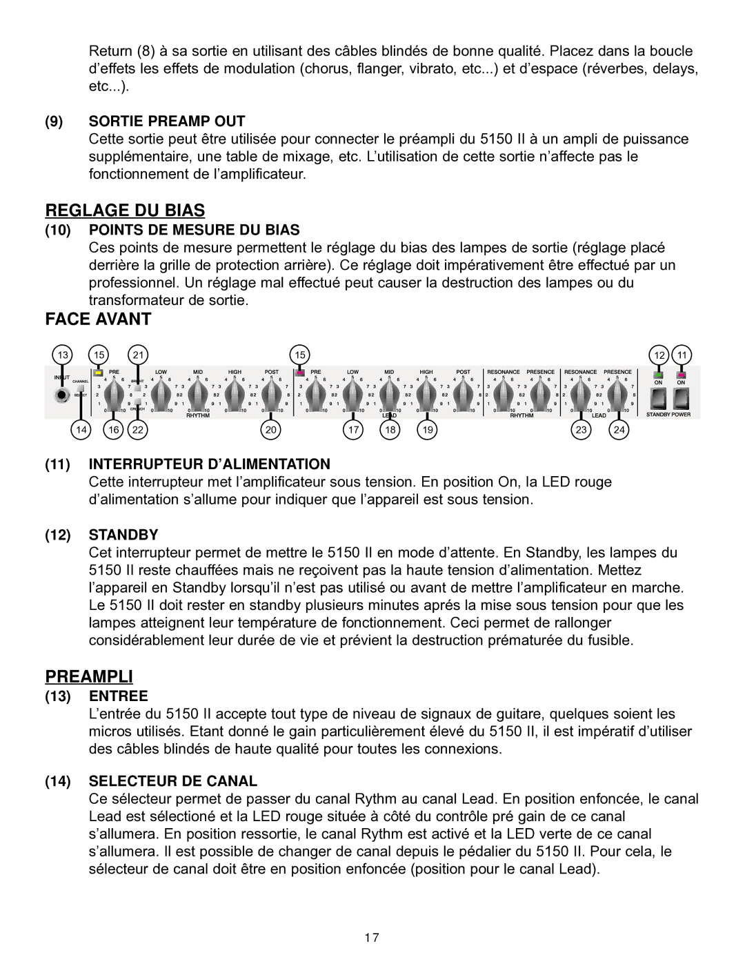 Peavey EVH 5150 II manual Reglage DU Bias, Face Avant, Preampli 