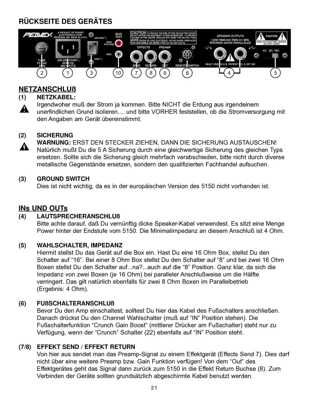 Peavey EVH 5150 II manual Rückseite DES Gerätes, Netzkabel, Sicherung, WAHLSCHALTER, Impedanz, Effekt Send / Effekt Return 