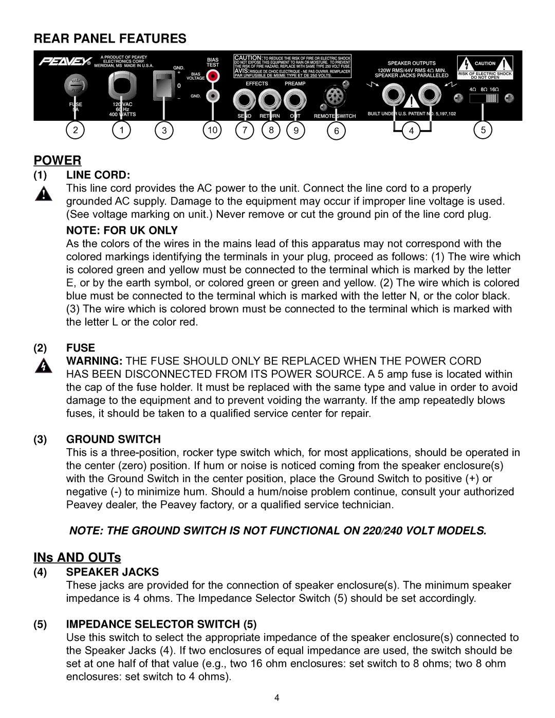 Peavey EVH 5150 II manual Rear Panel Features Power, Line Cord, Ground Switch, Speaker Jacks, Impedance Selector Switch 