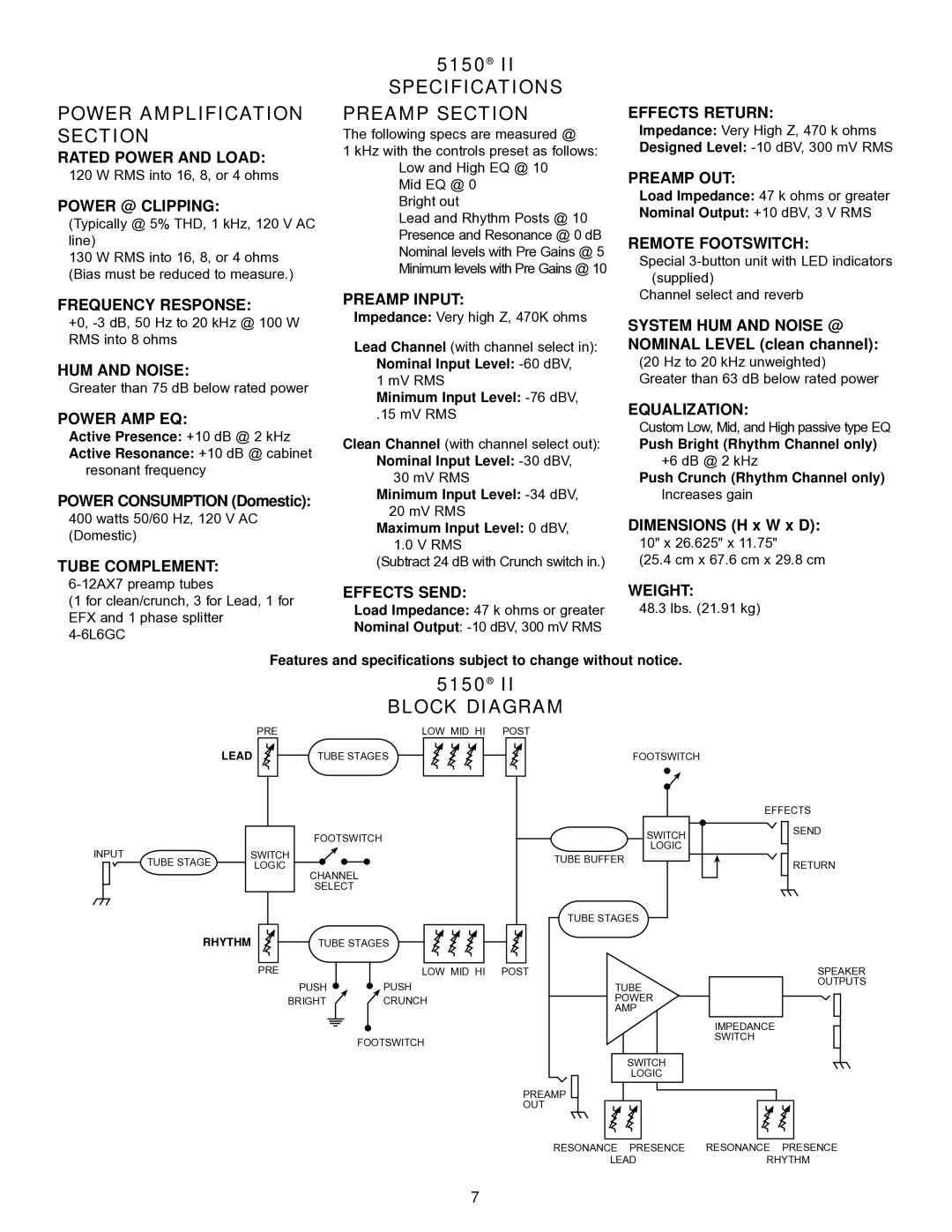 Peavey EVH 5150 II manual Power Amplification Section, Specifications Preamp Section, Block Diagram 