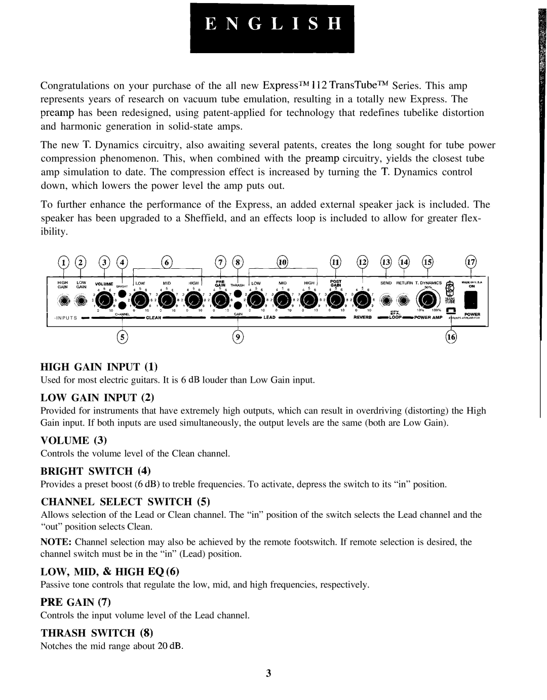 Peavey Express 112 S High Gain Input, LOW Gain Input, Volume, Bright Switch, Channel Select Switch, LOW, MID, & High EQ 