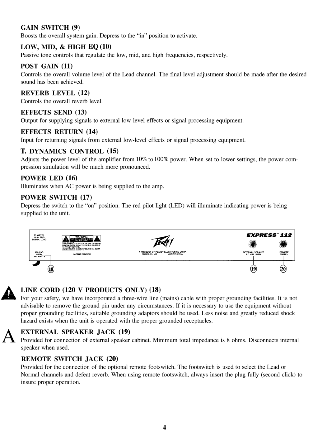 Peavey Express 112 S manual Gain Switch, Post Gain, Reverb Level, Effects Send, Effects Return, Dynamics Control, Power LED 
