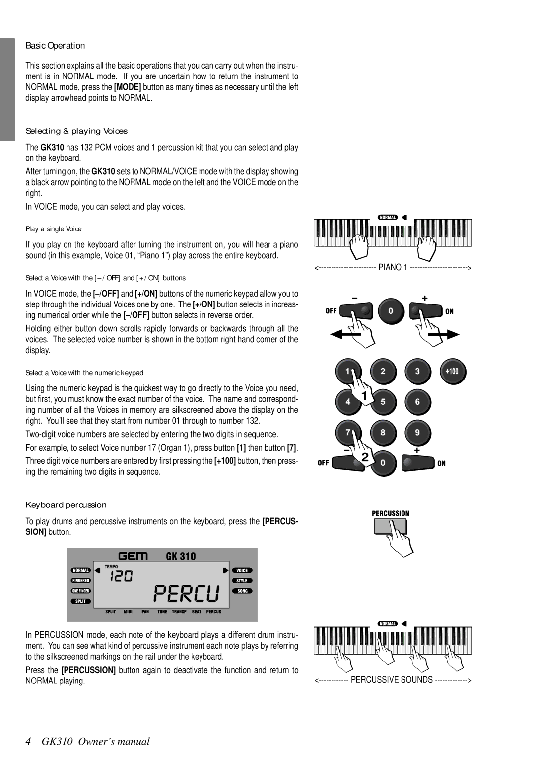 Peavey GK 310, 271284 owner manual Basic Operation, Selecting & playing Voices, Keyboard percussion 