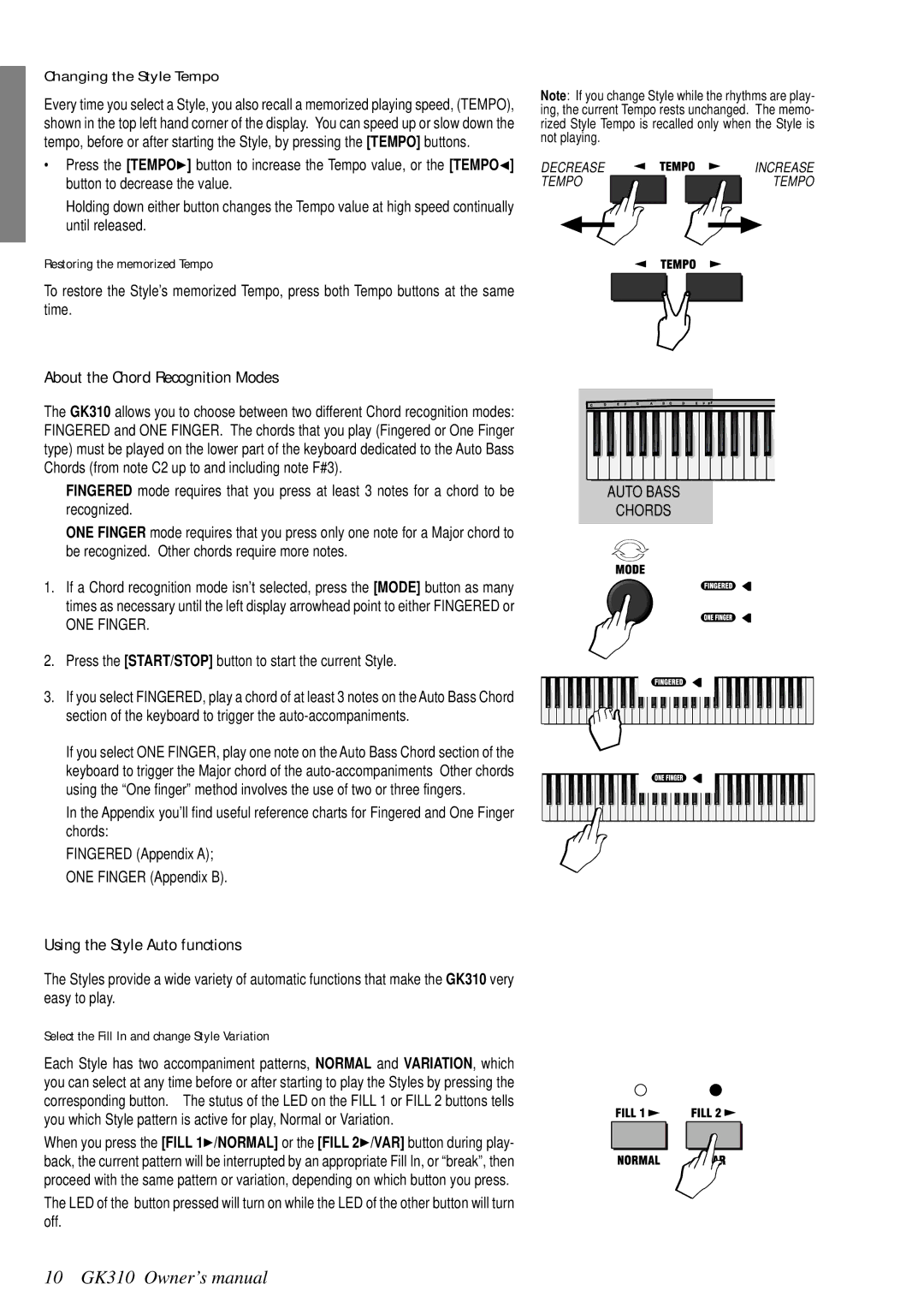 Peavey GK 310, 271284 About the Chord Recognition Modes, Using the Style Auto functions, Changing the Style Tempo 