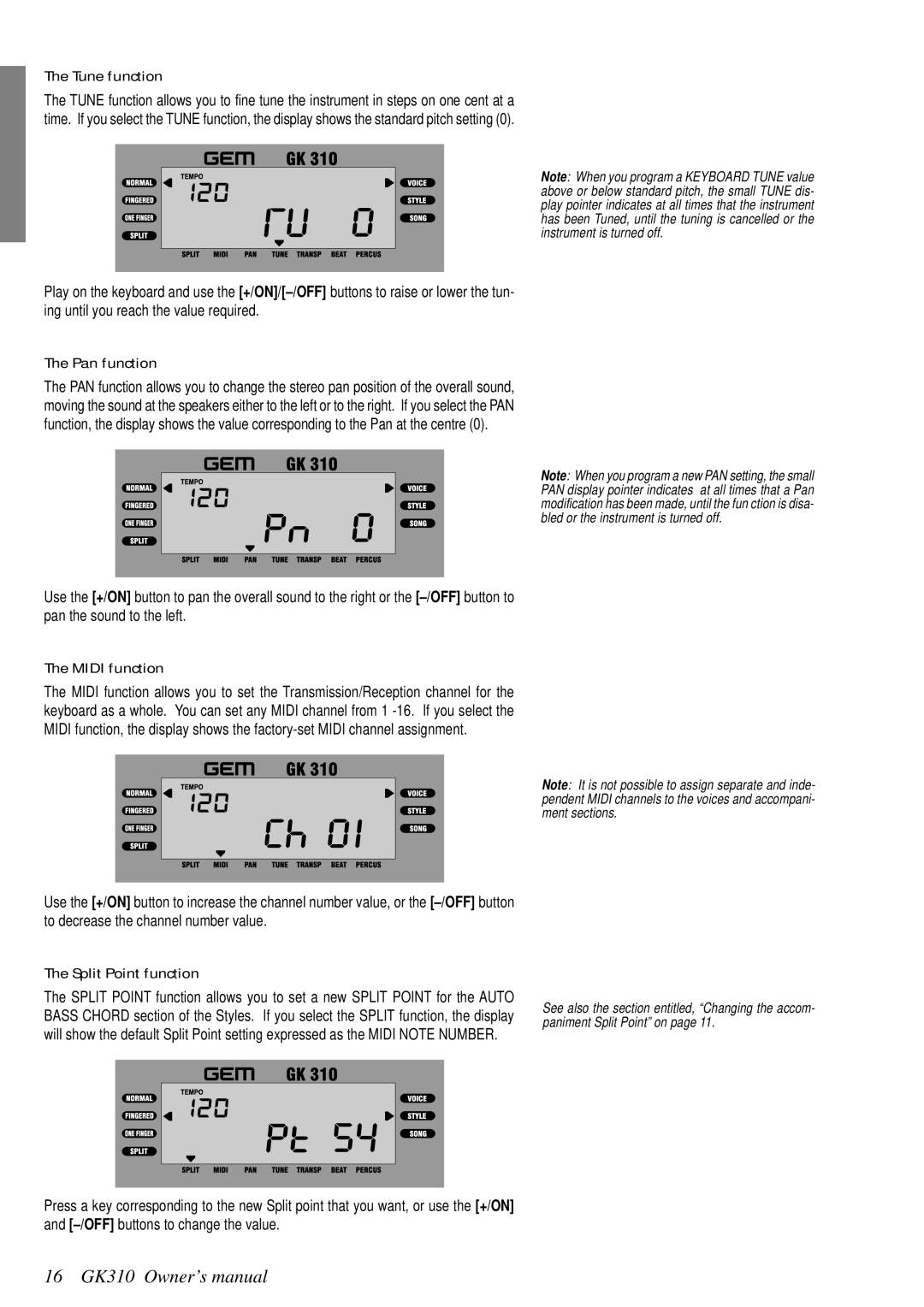 Peavey GK 310, 271284 owner manual Tune function, Pan function, Midi function, Split Point function 