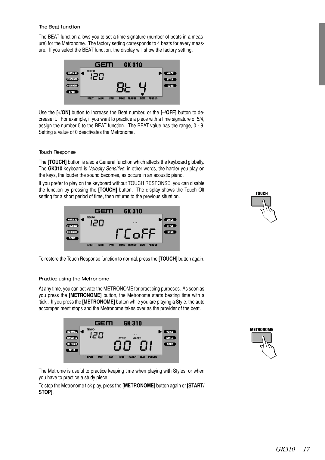 Peavey 271284, GK 310 owner manual Beat function, Touch Response, Practice using the Metronome 