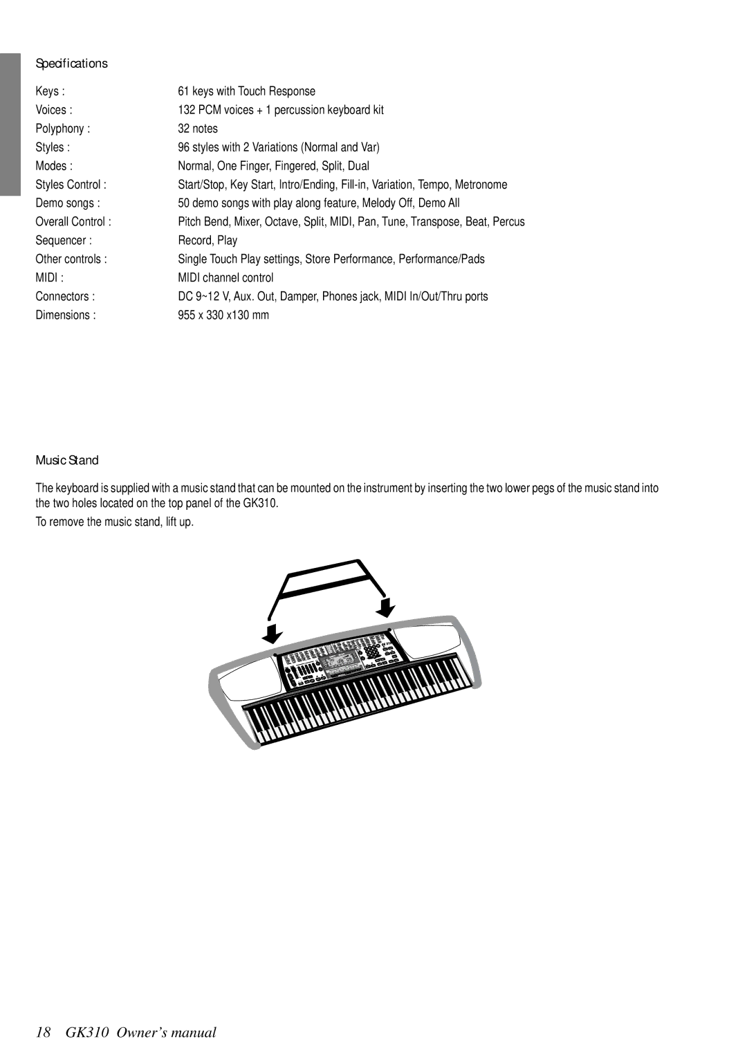 Peavey GK 310, 271284 owner manual Specifications, Music Stand 