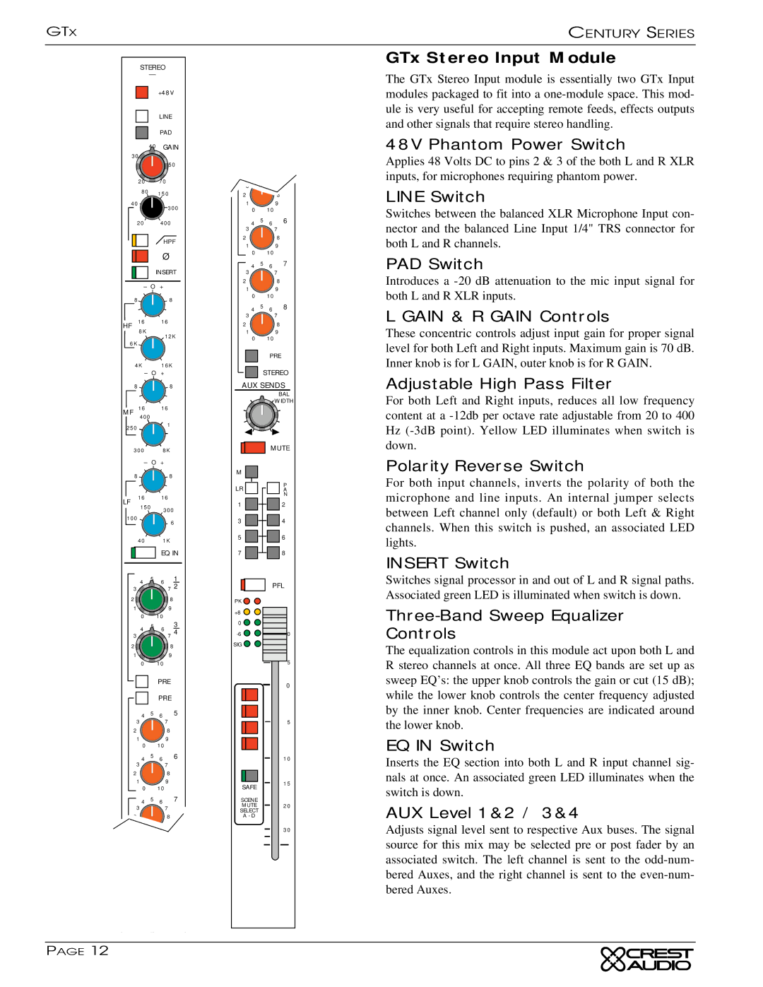 Peavey GTX GTx Stereo Input Module, Gain & R Gain Controls, Three-Band Sweep Equalizer Controls, AUX Level 1&2 / 3&4 