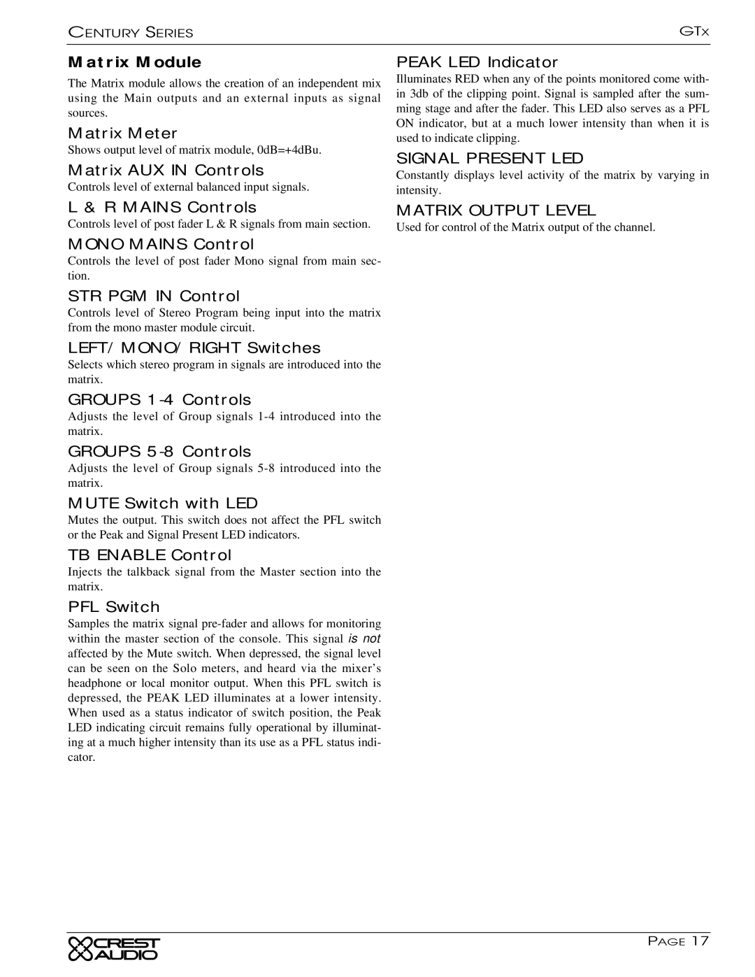 Peavey GTX owner manual Matrix Module 