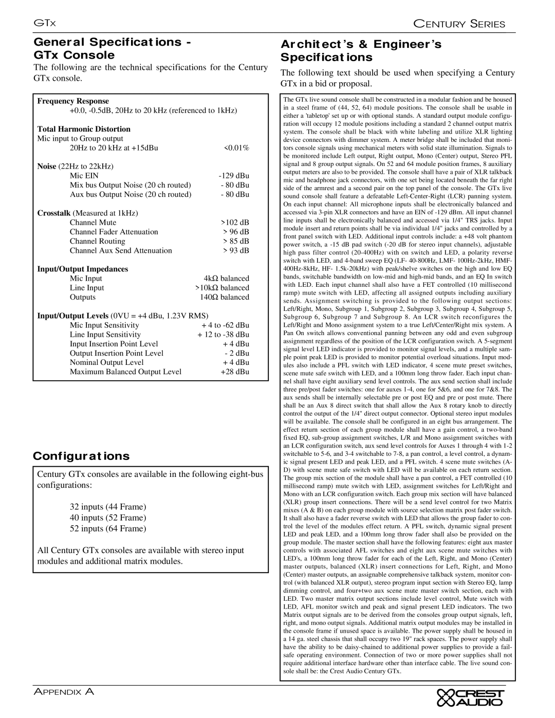 Peavey GTX owner manual General Specifications GTx Console, Configurations, Architect’s & Engineer’s Specifications 