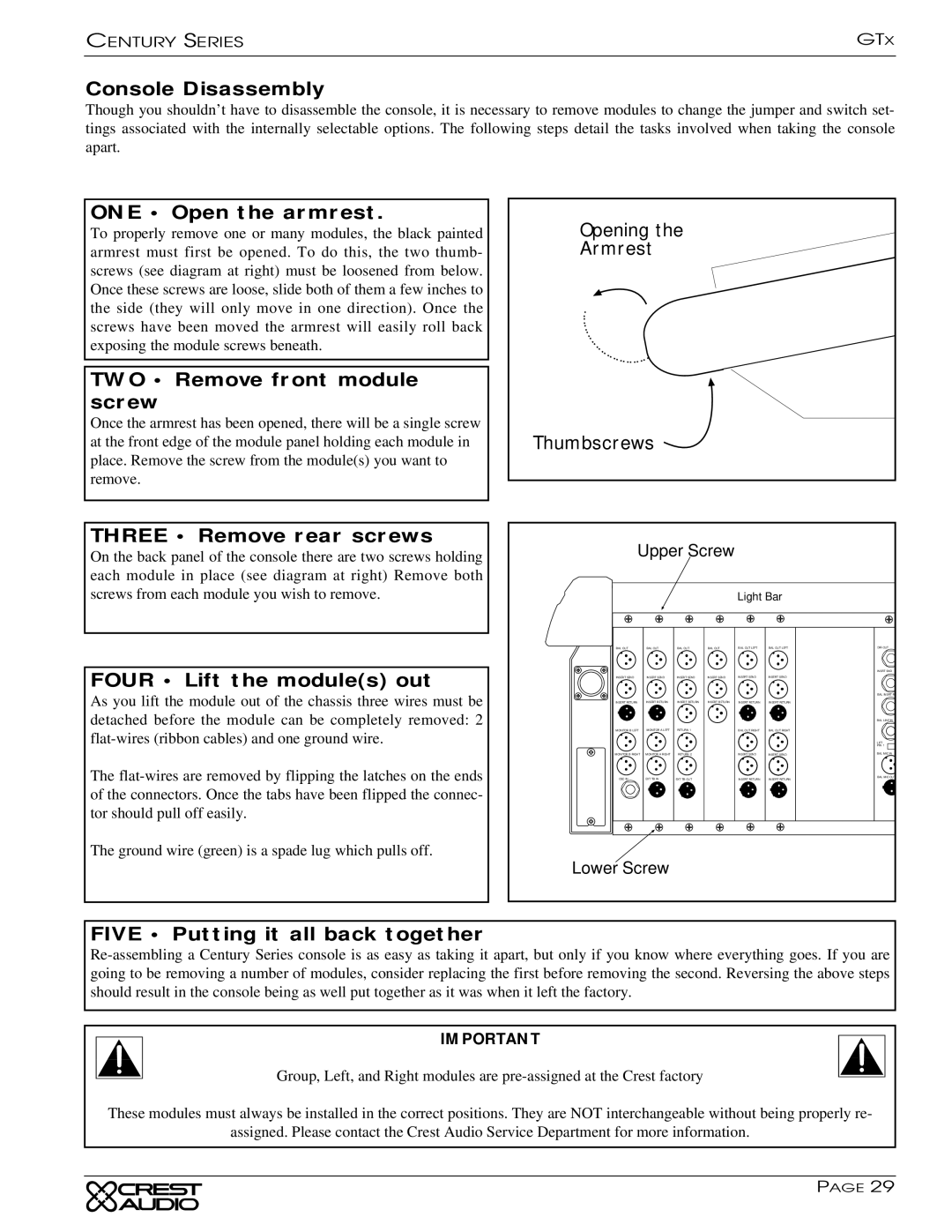 Peavey GTX owner manual Console Disassembly, ONE Open the armrest, TWO Remove front module screw, Three Remove rear screws 