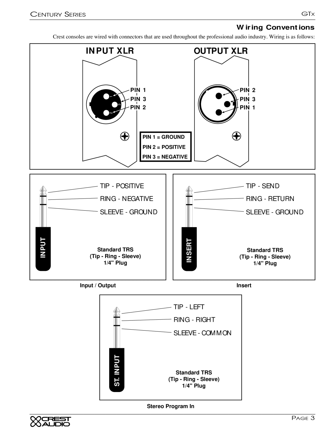 Peavey GTX owner manual Input XLR Output XLR, Wiring Conventions 