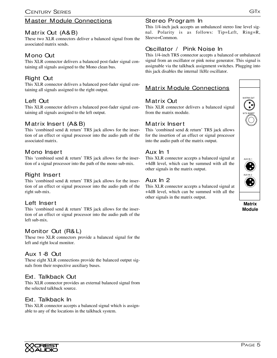 Peavey GTX Master Module Connections Matrix Out A&B, Mono Out, Right Out, Stereo Program, Oscillator / Pink Noise, Aux 