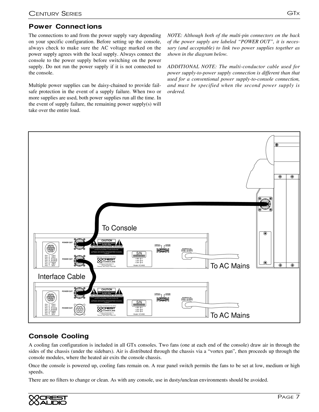 Peavey GTX owner manual Power Connections, Console Cooling 