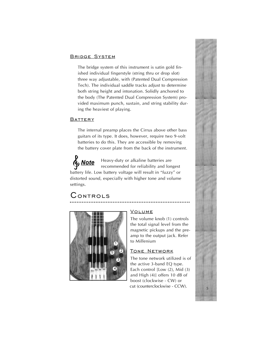 Peavey Guitar manual Controls, Bridge System, Battery, Volume, Tone Network 